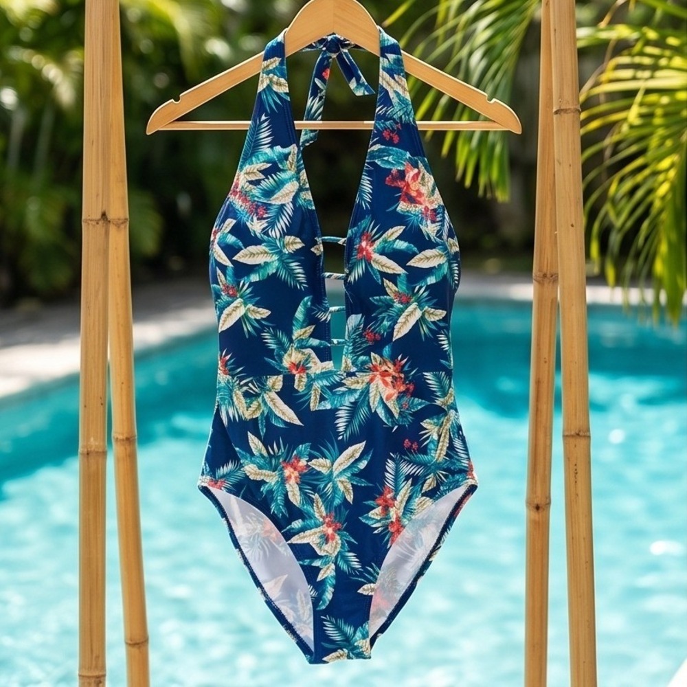 Hilor 16 Tropical Floral Halter One Piece Swimsuit Blue Tropical US 16 NWT